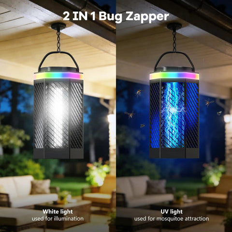 2 in 1 bug zapper with white light and UV light modes, hanging on patio, rechargeable bug zapper for indoor and outdoor use.