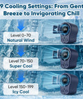 Clip On Car Fan With LED Display 360 Degree Rotation 199 Speeds High Velocity USB Rechargeable Personal Cooling Fan showing cooling settings.