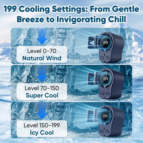 Clip On Car Fan With LED Display 360 Degree Rotation 199 Speeds High Velocity USB Rechargeable Personal Cooling Fan showing cooling settings.