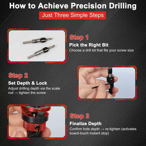 Instructions on using the 7 Piece Countersink Drill Bit Set With Aluminum Stop Collar And Bearing For Smoother Countersinking Includes Screwdriver Bits And Hss M2 Tapered Bits With One Quarter Inch Hex Shank For Woodworking