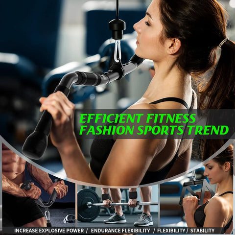Woman using Lat Pulldown Attachments Set For Home Gym With Curl Pulldown Bar, focusing on efficient fitness training.
