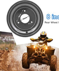 8 Inch Rear Wheel Rim With Three Holes Fits Most ATV Go Kart Off Road Dirt Pit Bike displayed over ATV riding on dirt