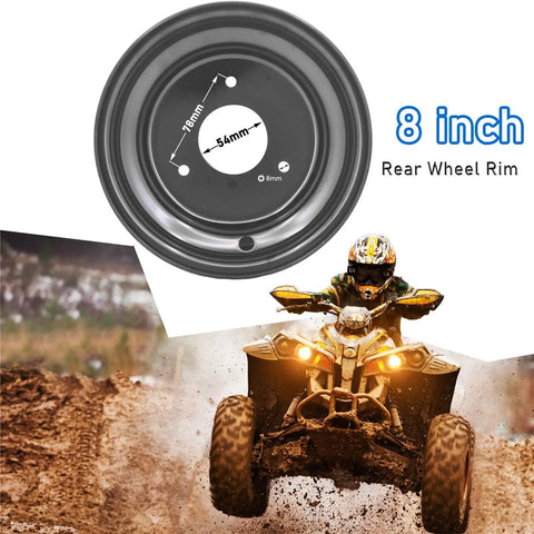 8 Inch Rear Wheel Rim With Three Holes Fits Most ATV Go Kart Off Road Dirt Pit Bike displayed over ATV riding on dirt
