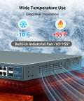 Close-up of Beefy 48-Port Gigabit PoE Plus Unmanaged Switch showing industrial fan for wide temperature use -10°C to +55°C.