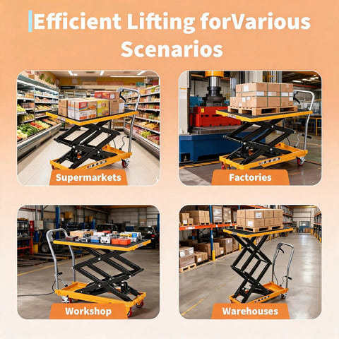 Heavy Duty Hydraulic Lift Table Cart With No Sweat Foot Pedal Operation And Hardcore Three Hundred Thirty Pound Capacity For Tough Shop And Moving Project Hauls in supermarkets lifting boxes.