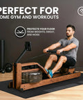 Man using a rowing machine on 18 Piece EVA Interlocking Foam Floor Tiles Gym Mat Set With Edge Pieces For Total Floor Protection In Home Gym And Garage Workout Areas 12.6x12.6x0.4 Inches Puzzle Mats