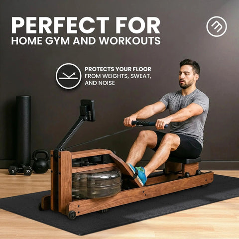 Man using a rowing machine on 18 Piece EVA Interlocking Foam Floor Tiles Gym Mat Set With Edge Pieces For Total Floor Protection In Home Gym And Garage Workout Areas 12.6x12.6x0.4 Inches Puzzle Mats