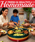 Family enjoying meal with Lazy Susan Taco Bar Set With Lids And Four Rotating Taco Holders For Taco Tuesday With Warming Pot In Red