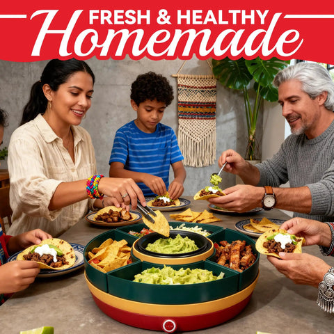 Family enjoying meal with Lazy Susan Taco Bar Set With Lids And Four Rotating Taco Holders For Taco Tuesday With Warming Pot In Red
