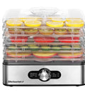 Kitchen Workhorse Food Dehydrator Featuring Durable Stainless Steel Trays And Adjustable Temperature Dials with stacked fruits.