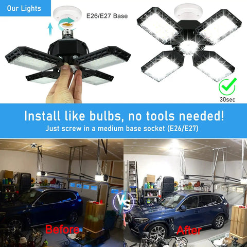High Output 150W LED Garage Light With Four Adjustable Panels 15000 Lumens 6500K Daylight E26 E27 installed in garage