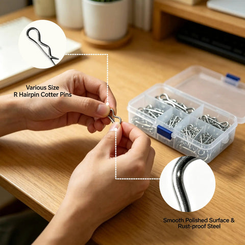 Hands holding cotter pin from Stainless Steel Hardware Pins Kit With Cotter Pins Hair Pin Clips Tractor Pins And Hitch Pin Clips
