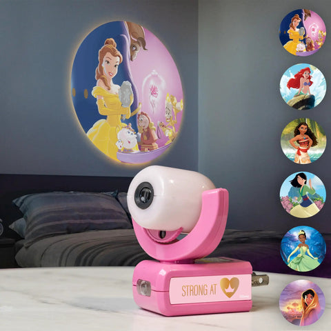 LED Kids Night Light With Projector And Dusk To Dawn Sensor Projects Six Princess Images Belle Jasmine Ariel Moana Tiana And Mulan On Ceiling Wall Or Floor Plug In Pink Glow Night Light For Sleepy Heads on table