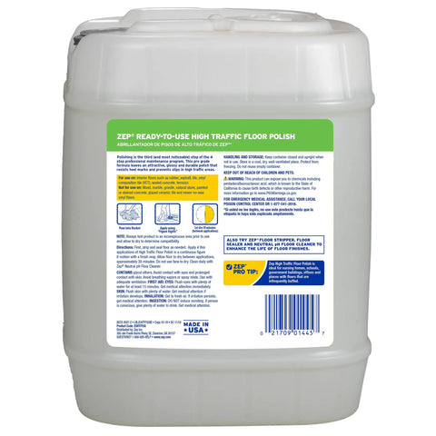 Top Tier High Traffic Floor Polish In A Five Gallon Pail shows back label instructions for use and warnings on commercial floor cleaning.