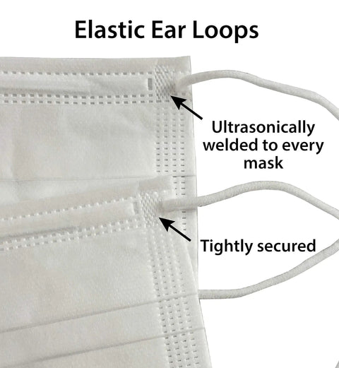 Close-up of Made In USA 3 Layer Disposable Face Masks Bulk Pack 500 Count showing elastic ear loops tightly secured to the mask.