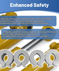 Hydraulic Cylinder Stroke Control Kit with Thumb Tabs, shows yellow hydraulic rods and four adjusting clamps for safety.