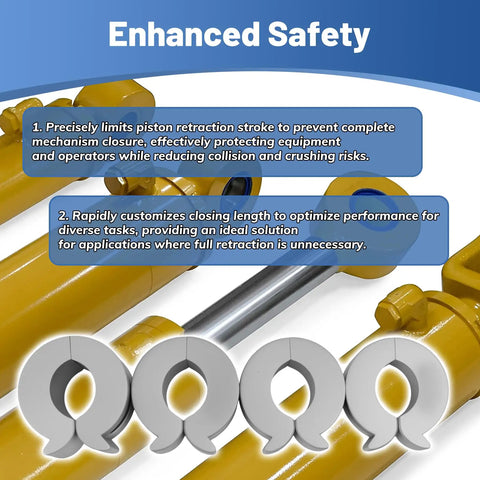 Hydraulic Cylinder Stroke Control Kit with Thumb Tabs, shows yellow hydraulic rods and four adjusting clamps for safety.