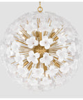 Top Tier 30 Inch 12 Light Pendant Featuring Solid Brass And Fresh White Swirl Handmade Glass for covered patios and chill living areas.