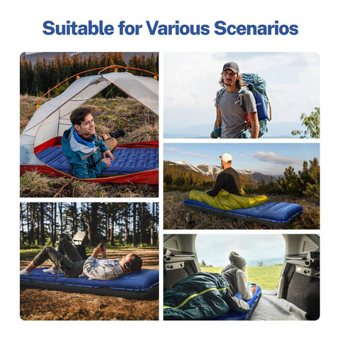 Various outdoor scenarios using 6 Inch Thick Camping Sleeping Pad With Built In Foot Pump, Pillow Ready Self Inflating Mattress.