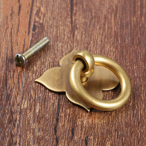 4 Pack Brass Drawer Pulls Antique Brass Cabinet Ring Handles with mounting screws on wood surface