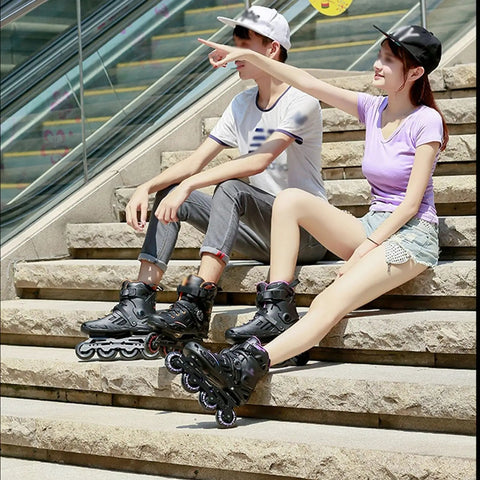 Two people wearing Adjustable Inline Skates For Girls, Boys, Women And Men, Comfortable Beginner To Pro Rollerblades on steps.