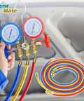 Klenz Mate refrigerant charging hose set with brass manifold and dual gauges, 8 ft, 1/4 in flare, blue/red/yellow hoses