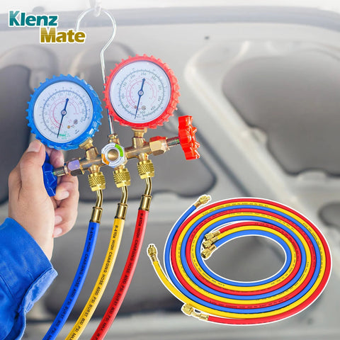 Klenz Mate refrigerant charging hose set with brass manifold and dual gauges, 8 ft, 1/4 in flare, blue/red/yellow hoses
