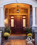 Outdoor Pendant Lights For Porch Black Exterior Hanging Lanterns Waterproof Aluminum Farmhouse Ceiling Light Fixture With Tempered Seed Glass Chandelier For Gazebo illuminating a porch entrance.