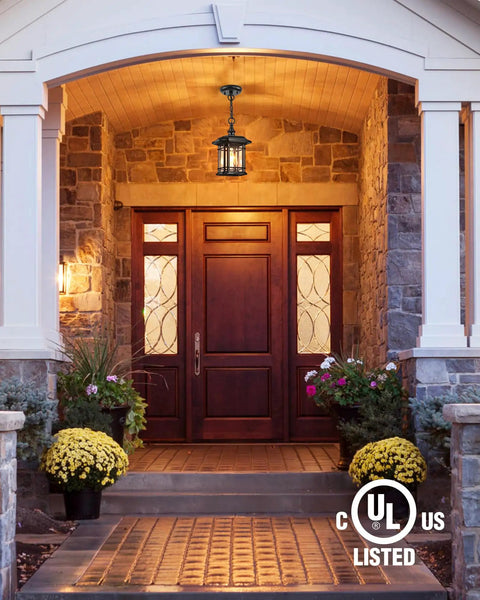 Outdoor Pendant Lights For Porch Black Exterior Hanging Lanterns Waterproof Aluminum Farmhouse Ceiling Light Fixture With Tempered Seed Glass Chandelier For Gazebo illuminating a porch entrance.