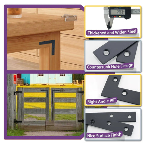 High Quality Top Shelf Pro L Brackets For Woodworking Projects Matte Black Steel Corner Mending Plates Built Tough Rust Proof Hardware Four Pack Dead Easy Install, showcasing countersunk hole design.