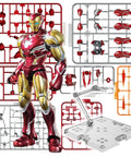 Marvel Infinity Saga Iron Man MK85 Armor Buildable Model Kit with LED chest and eyes, parts layout and assembled figure