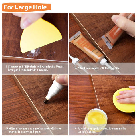 Steps for using Wood Furniture Repair Kit 28 Piece Set With Touch Up Markers And Fillers, Wood Putty, Beeswax on a wooden surface