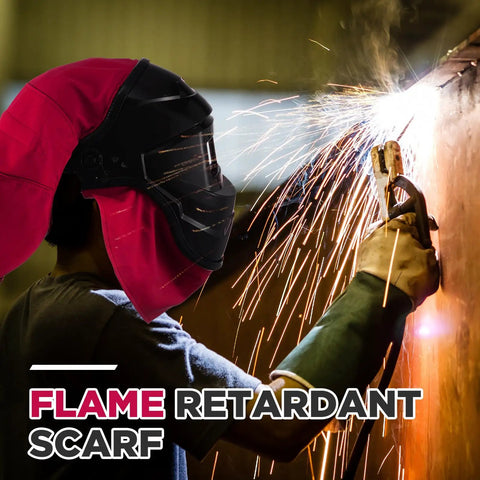 Welder wearing Welding Helmet Cover And Bib Set With Flame Retardant Fabric For Neck Protection Red 2 Piece Safety Gear