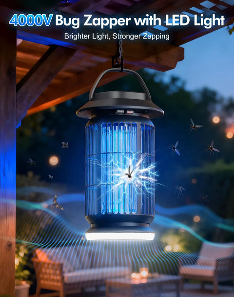 Beast 4000V Outdoor Bug Zapper with Built In Night Light Electric Mosquito Killer Waterproof ABS Shell hanging on patio.