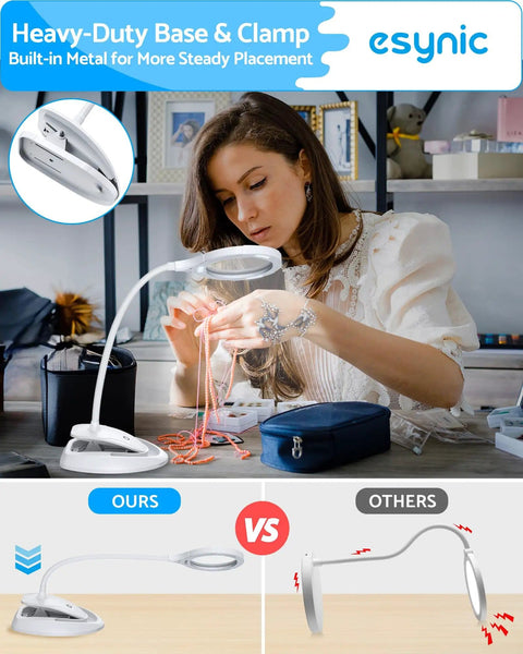 Woman using Go To Lighted Desk Magnifier With Clamp And Heavy Base, USB C Rechargeable, for crafts under flexible gooseneck