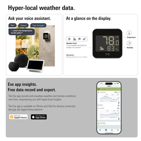 Outdoor Weather Station With Matter Connectivity And Siri Voice Access For Real Time Temperature And Humidity Weather Trend No Fuss IPX4 Water Resistant Display Wireless Setup Thread Border Router Required Works With iPhone And Android showing temperature and humidity on digital display.