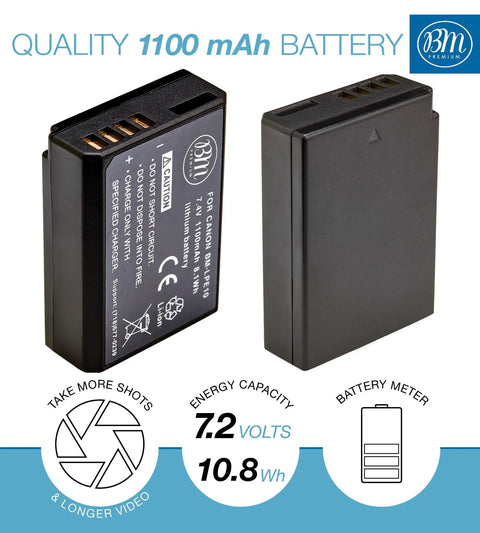 Two LP-E10 batteries for Battery Grip Kit For Canon EOS Rebel T3 T5 T6 1100D 1200D 1300D Digital Cameras, showing power specifications.