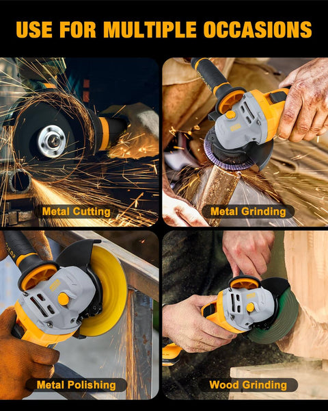 Cordless Angle Grinder 20V With 9600 RPM Brushless Motor used for metal cutting, metal grinding, metal polishing, and wood grinding