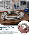 Heavy Duty Stainless Steel Bendable Conduit Sleeve For Weatherproof Cable Management and Secure Wire Protection in Garage or Shop Projects laid on a wooden workbench.
