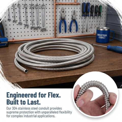 Heavy Duty Stainless Steel Bendable Conduit Sleeve For Weatherproof Cable Management and Secure Wire Protection in Garage or Shop Projects laid on a wooden workbench.