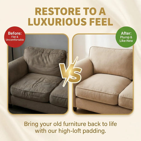 Kick Your Couch Back To Life With Premium Half Inch Thick Polyester Batting, Super Soft High Loft Polyfill Before and After Furniture Padding