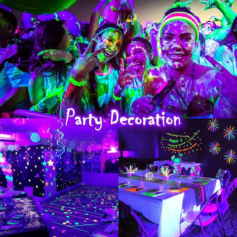 Glow party with UV Black Lights For Lit Glow Party, 6W LED Disco Ball Strobe Lights, vibrant decor and body paint under blacklight.