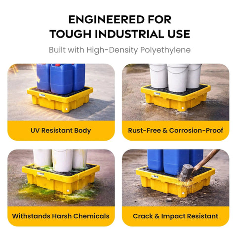Single Drum Spill Containment Workstation for 55 Gallon Drum, Low Profile Spill Pallet with Drain, HDPE Yellow Platform in various uses