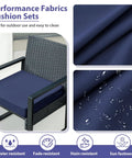All Weather Outdoor Chair Cushions Set Of Four With Ties And Handles Square 19 By 19 By 3 Inches Navy Blue Cushions For Patio Furniture Waterproof Easy Care Durable Comfy Seat Pads displayed on wicker chair with close-up on waterproof fabric.