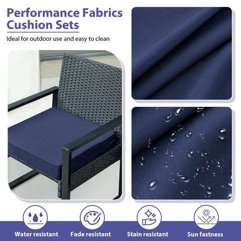 All Weather Outdoor Chair Cushions Set Of Four With Ties And Handles Square 19 By 19 By 3 Inches Navy Blue Cushions For Patio Furniture Waterproof Easy Care Durable Comfy Seat Pads displayed on wicker chair with close-up on waterproof fabric.