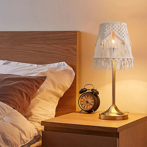 Macrame Lampshade For Table Lamps With Harp And Adapter, Spider Fitter Light Shade In Boho Style, on bedside table