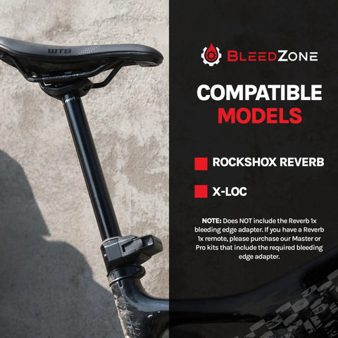 Pro Grade Hydraulic Bike Brake Bleed Kit for RockShox Reverb Stealth and X Loc instruction image with compatibility info.
