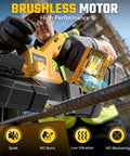 Worker using Cordless Portable Band Saw With Two And A Half Inch Cutting Capacity, 20V Brushless Power Works With 20V Batteries Not Included, Six Speed Variable Handheld Bandsaw For Metal And Pipe Cutting On The Jobsite to cut rebar
