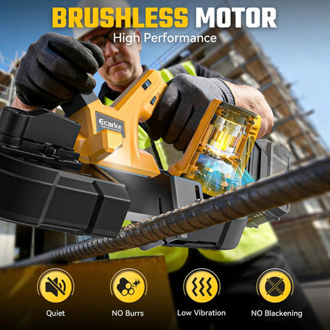 Worker using Cordless Portable Band Saw With Two And A Half Inch Cutting Capacity, 20V Brushless Power Works With 20V Batteries Not Included, Six Speed Variable Handheld Bandsaw For Metal And Pipe Cutting On The Jobsite to cut rebar