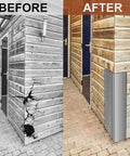 Before and after installation of Straight Up Heavy Duty 2 Pack Stainless Steel Corner Guards For Vinyl Siding And Exterior Walls 3 3/8 Inch By 3 3/8 By 15 3/4 Size With 89 Degree Angle For Killer Weed Wacker Protection.